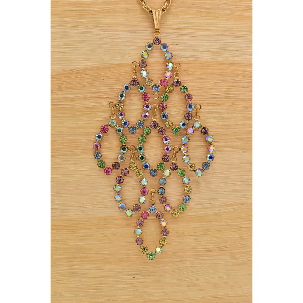 Vintage Crystal Pendant Multi-Color Rhinestone Prong Sparkling Gold 1980s BinBD